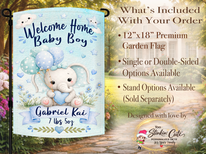 Blue elephant baby announcement garden flag