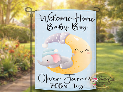Personalized baby boy keepsake flag with pastel moon and sleeping elephant design
