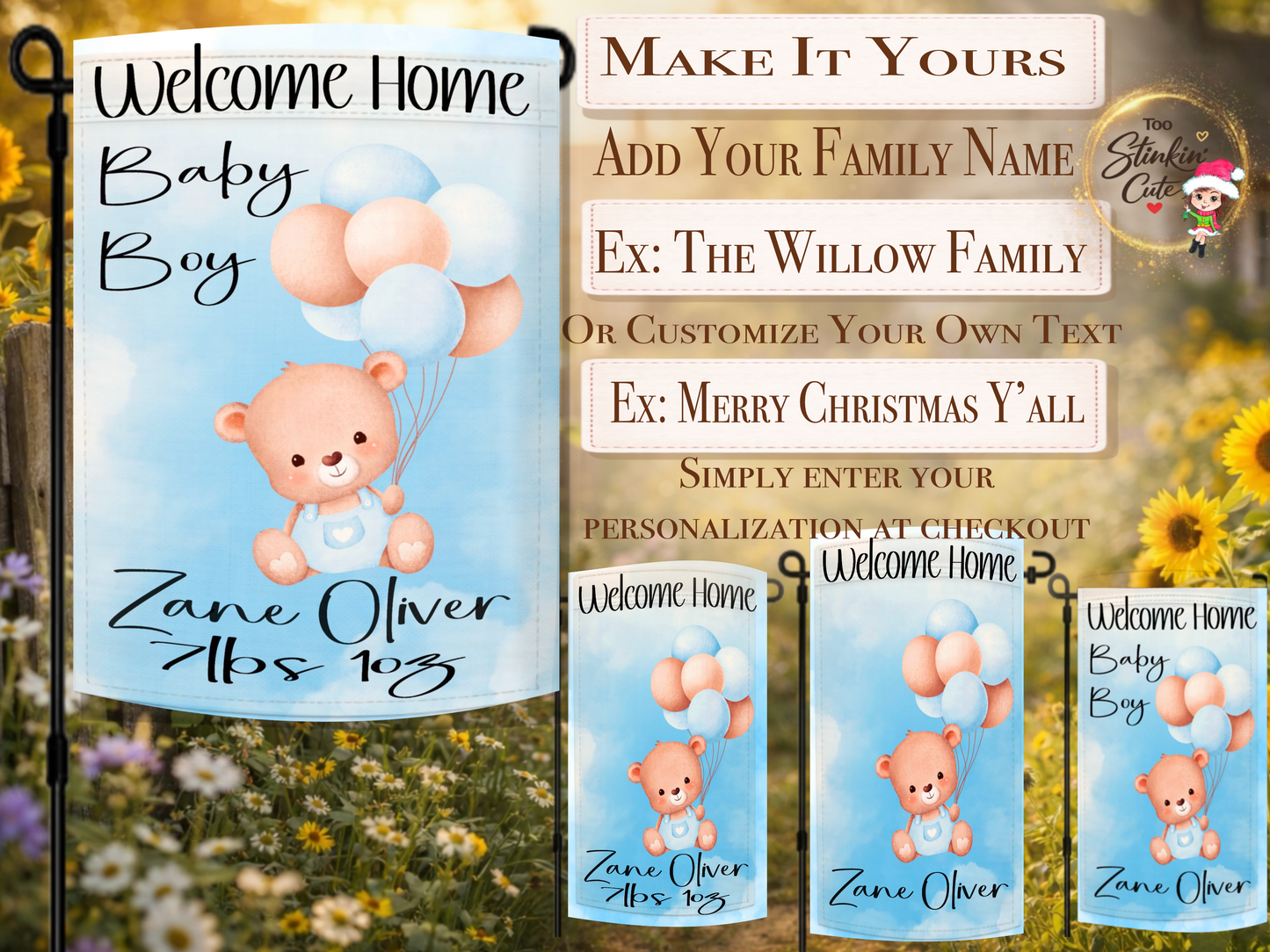 Custom newborn baby boy yard flag featuring cute teddy bear illustration