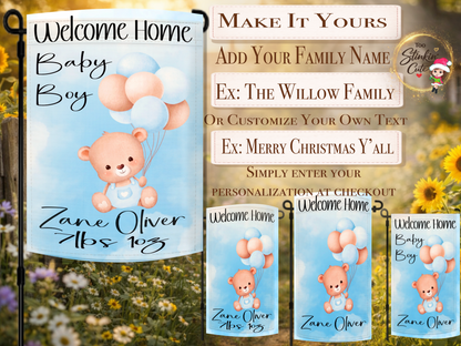 Custom newborn baby boy yard flag featuring cute teddy bear illustration