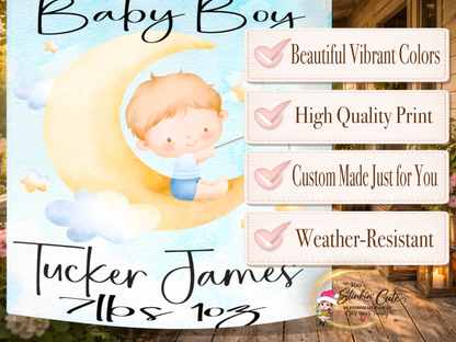 Celestial baby boy garden flag with pastel moon, stars, clouds, and custom newborn details