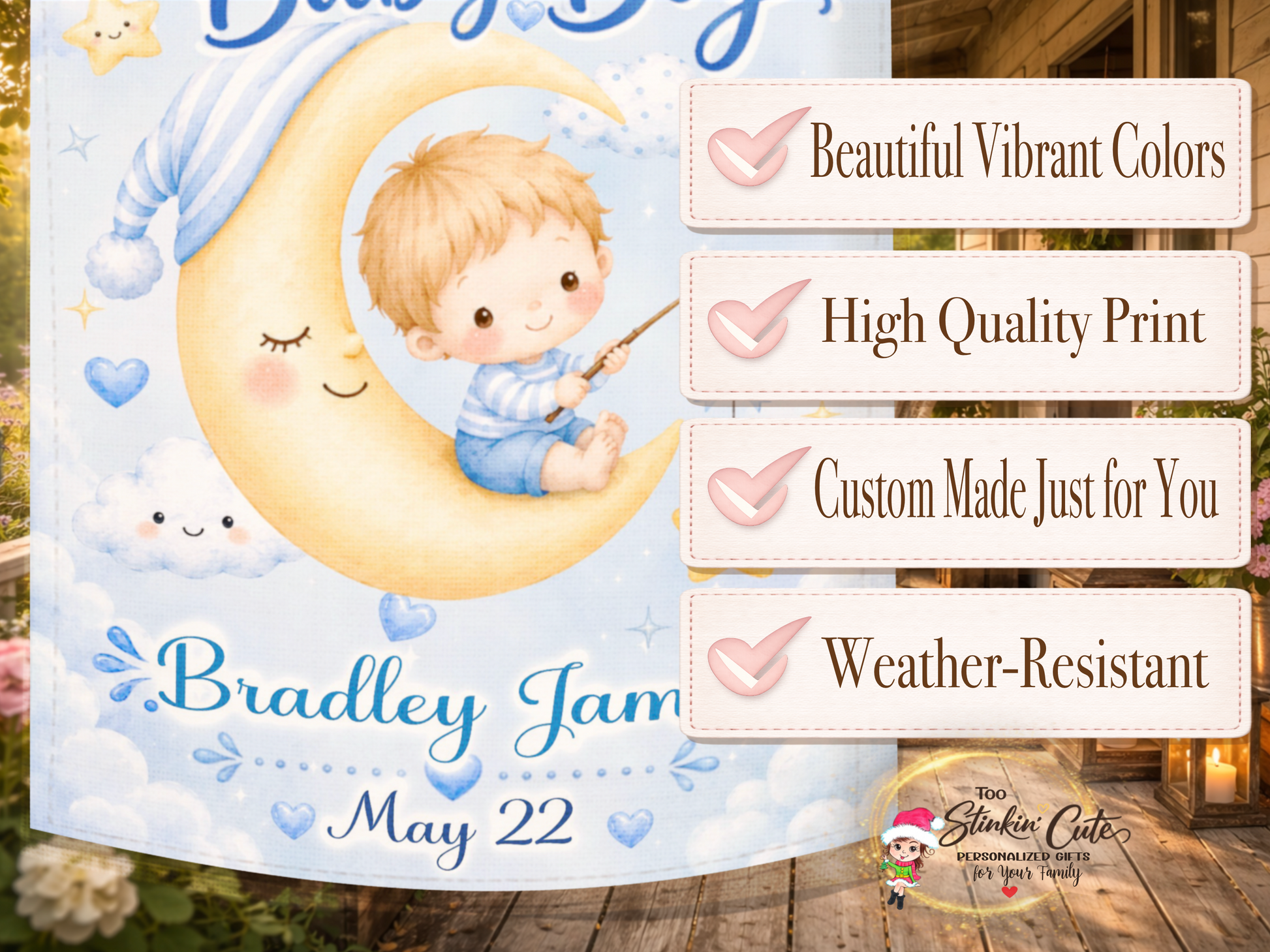Baby boy garden flag with moon stars and fishing pole