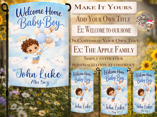 Custom newborn baby boy announcement flag with birth stats