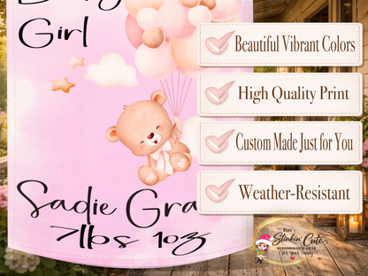 Welcome home baby girl outdoor flag with teddy bear balloon artwork