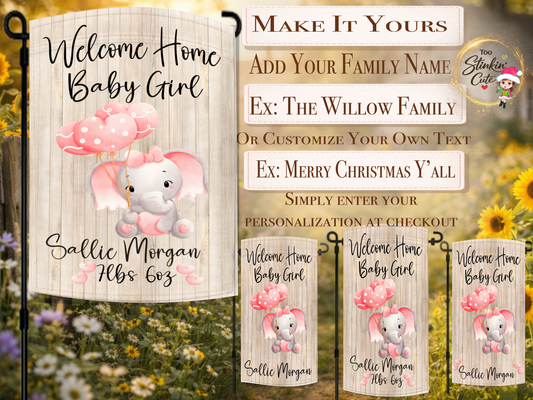 Custom newborn baby girl yard flag with elephant balloon design