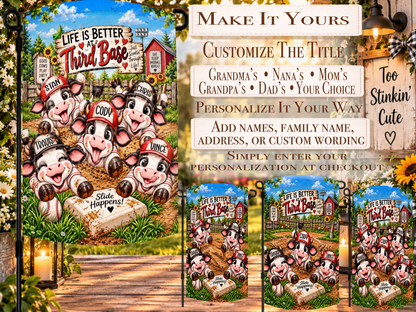 Funny Life Is Better at Third Base garden flag with personalized baseball-playing cows.