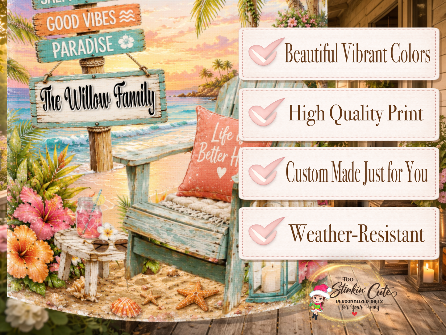 Personalized tropical garden flag for beach house décor.
