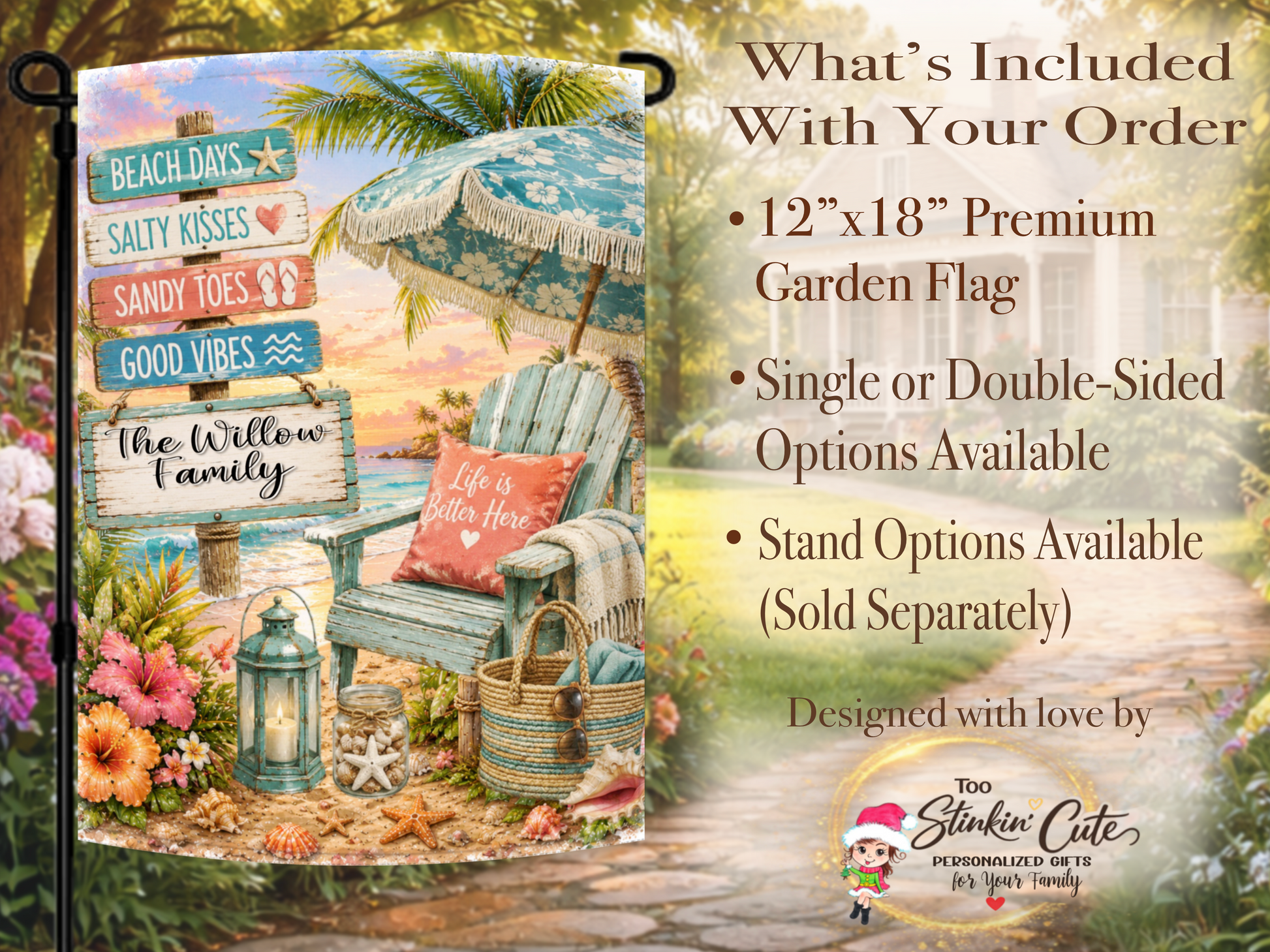Personalized beach porch flag featuring ocean sunset.