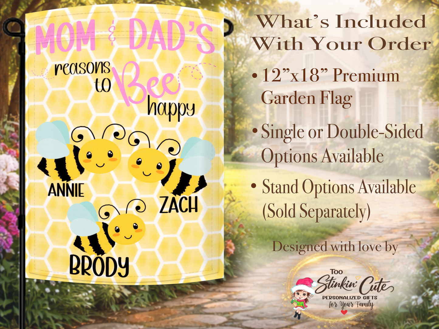 Custom honeybee garden flag for mom and dad with personalized names