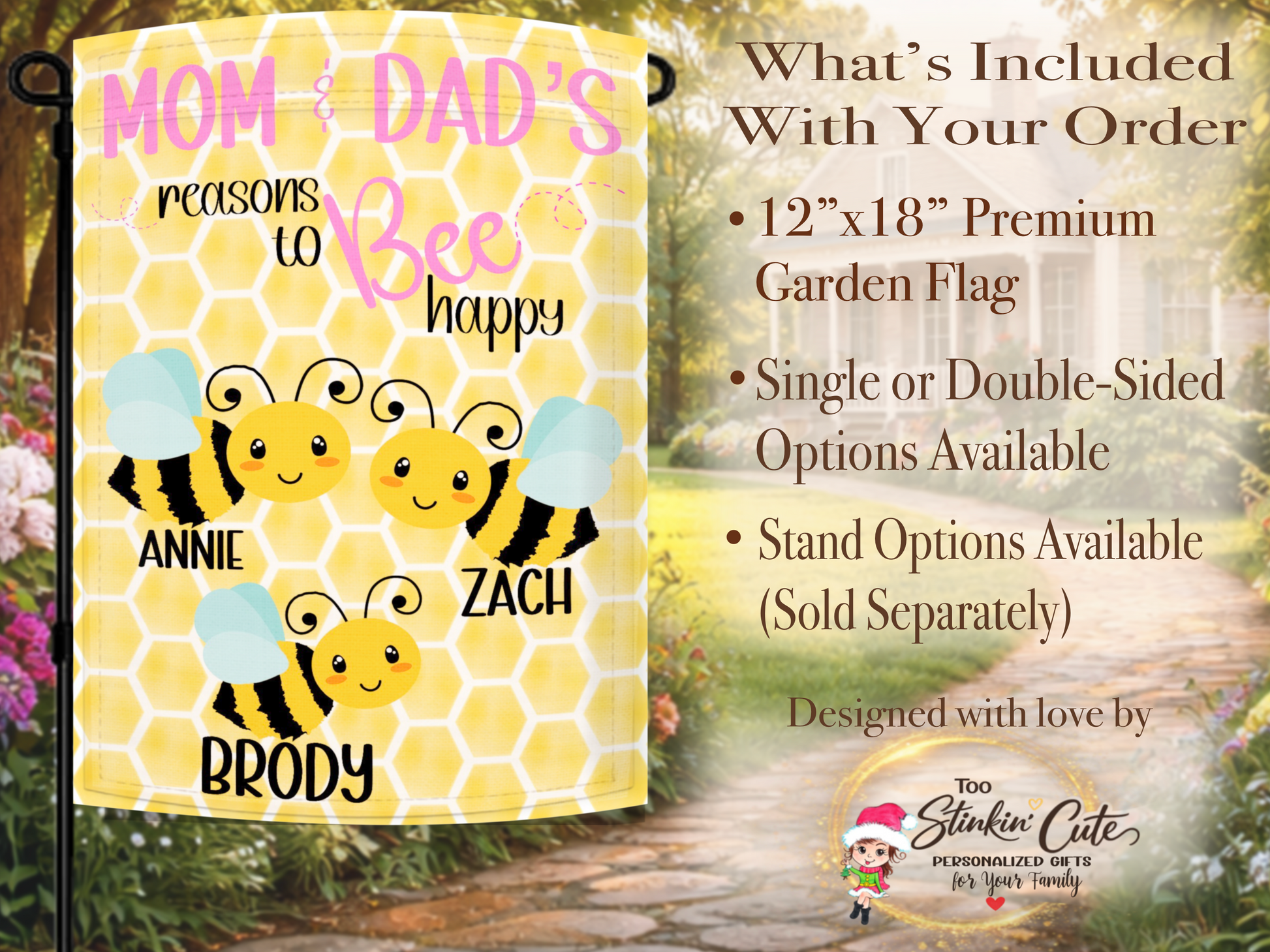 Custom honeybee garden flag for mom and dad with personalized names