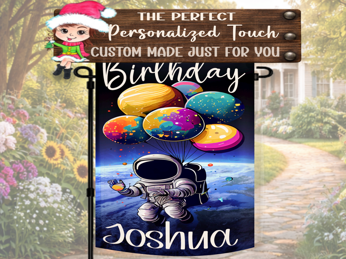 Weather resistant astronaut birthday flag for outdoor birthday decorations