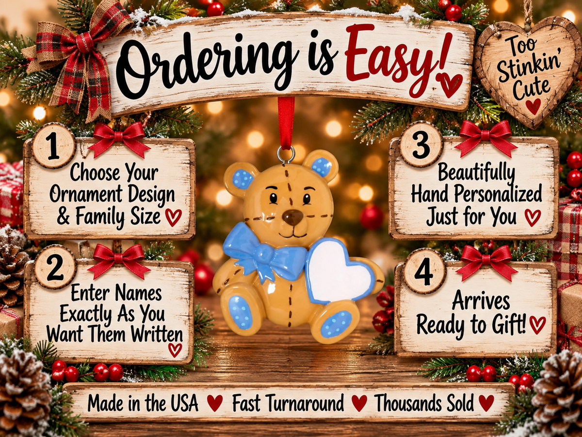 Blue bow teddy bear ornament personalized with a name and optional year