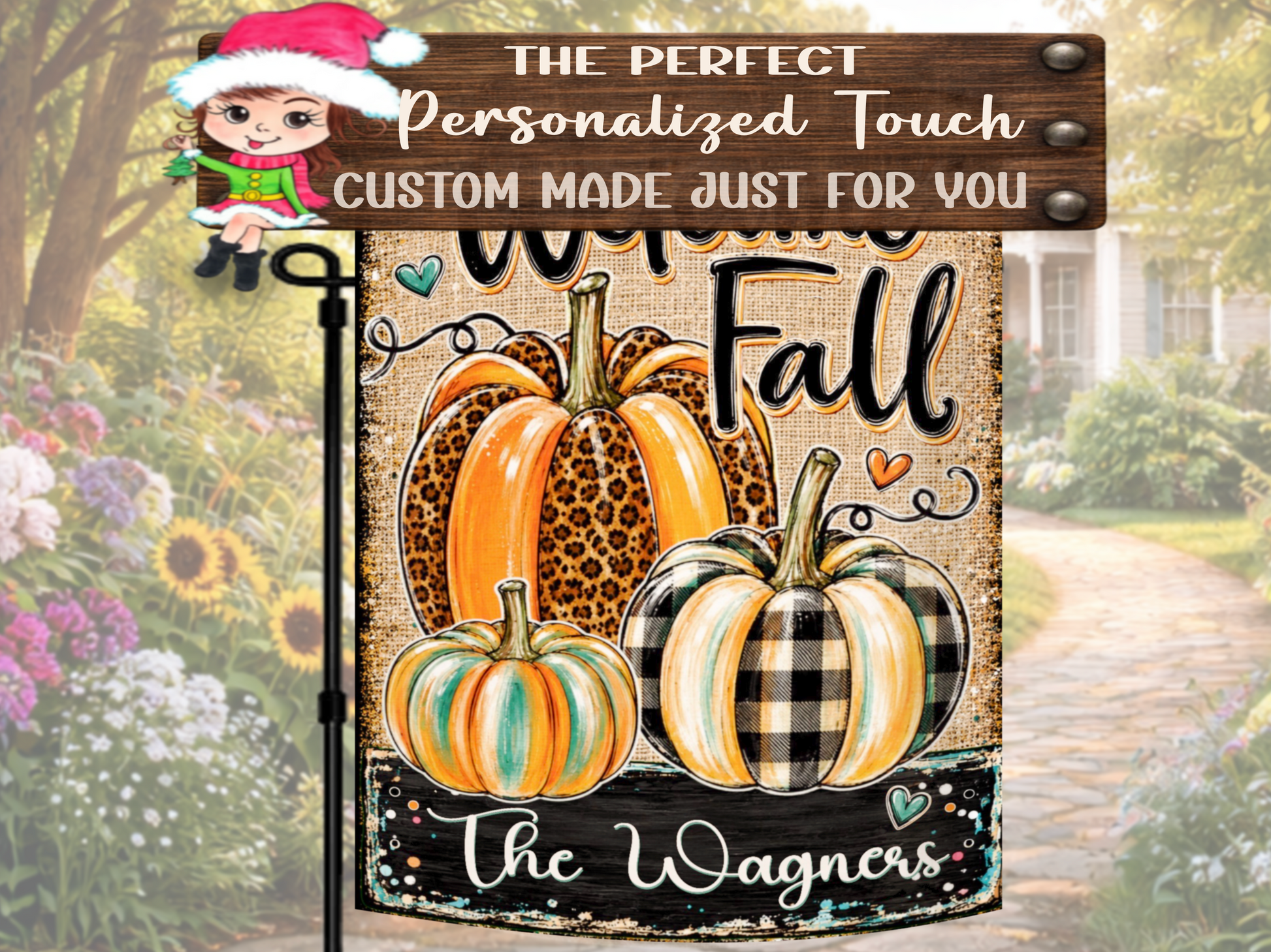 Rustic farmhouse fall flag displayed outside with colorful pumpkins and custom family name personalization.