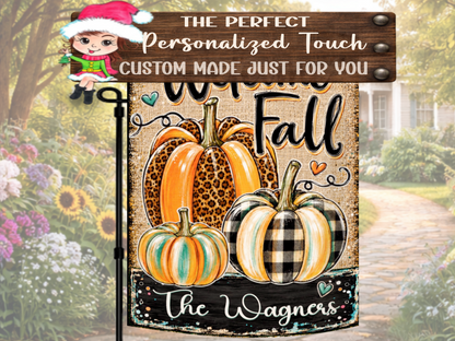 Rustic farmhouse fall flag displayed outside with colorful pumpkins and custom family name personalization.