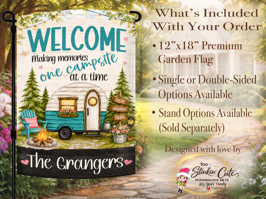 welcome campsite family name garden flag