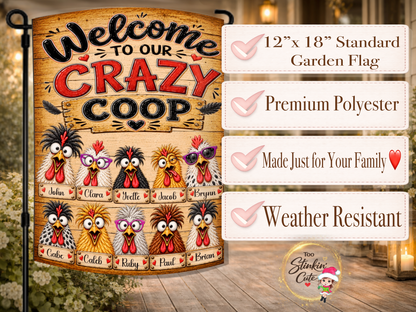 Personalized chicken family garden flag with named chicken characters representing relatives, grandchildren, pets, or a backyard flock.