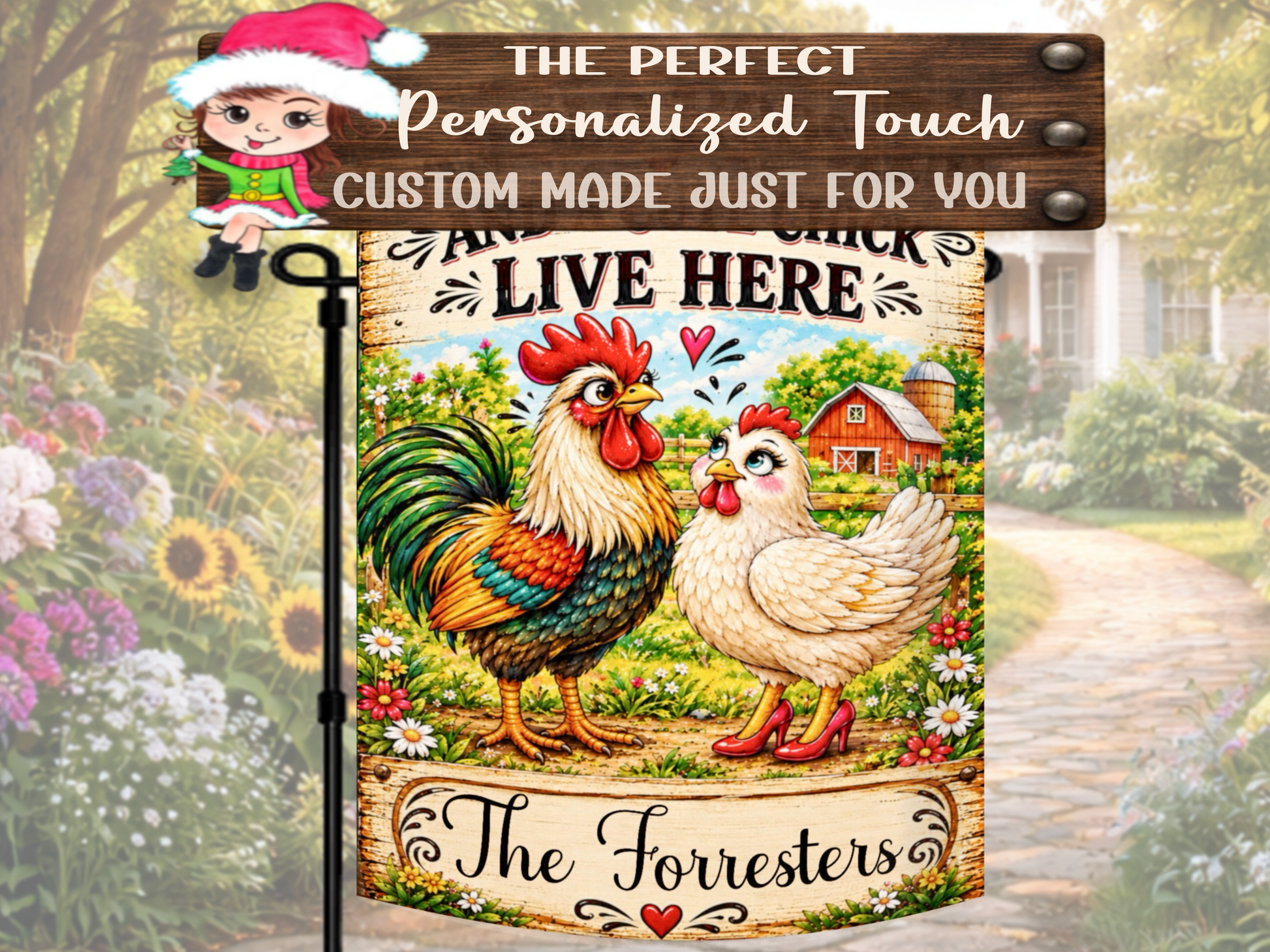 Personalized rooster and hen porch flag for married couples, farmers, homesteaders, and chicken lovers.