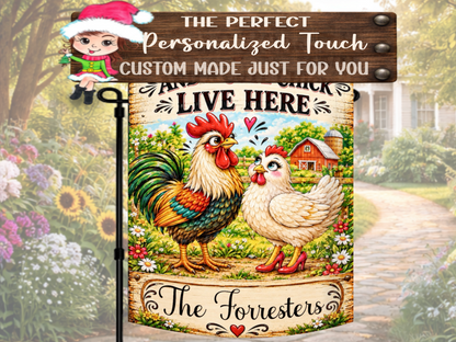 Personalized rooster and hen porch flag for married couples, farmers, homesteaders, and chicken lovers.