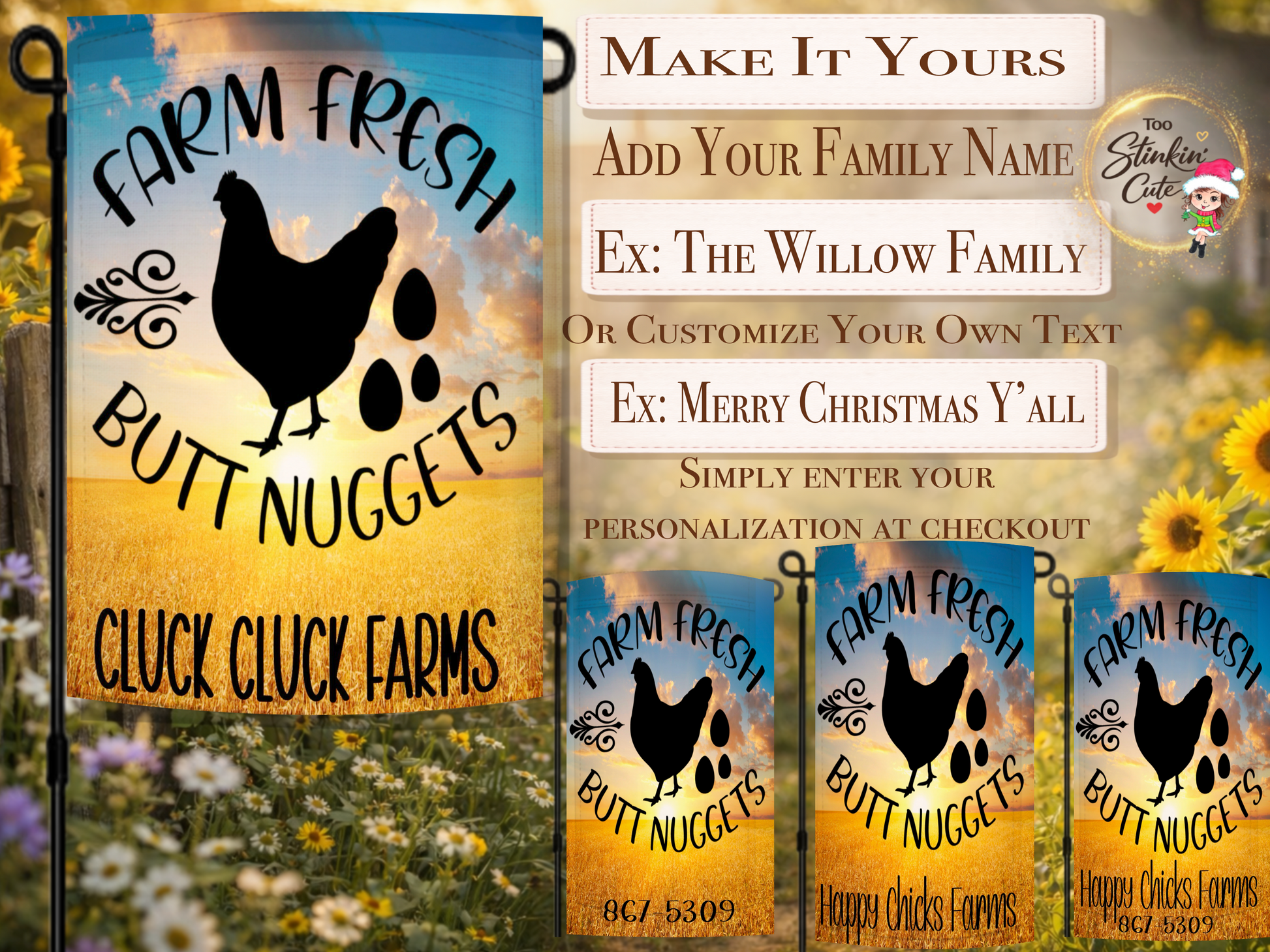 Rustic farmhouse chicken yard flag with humorous farm fresh saying