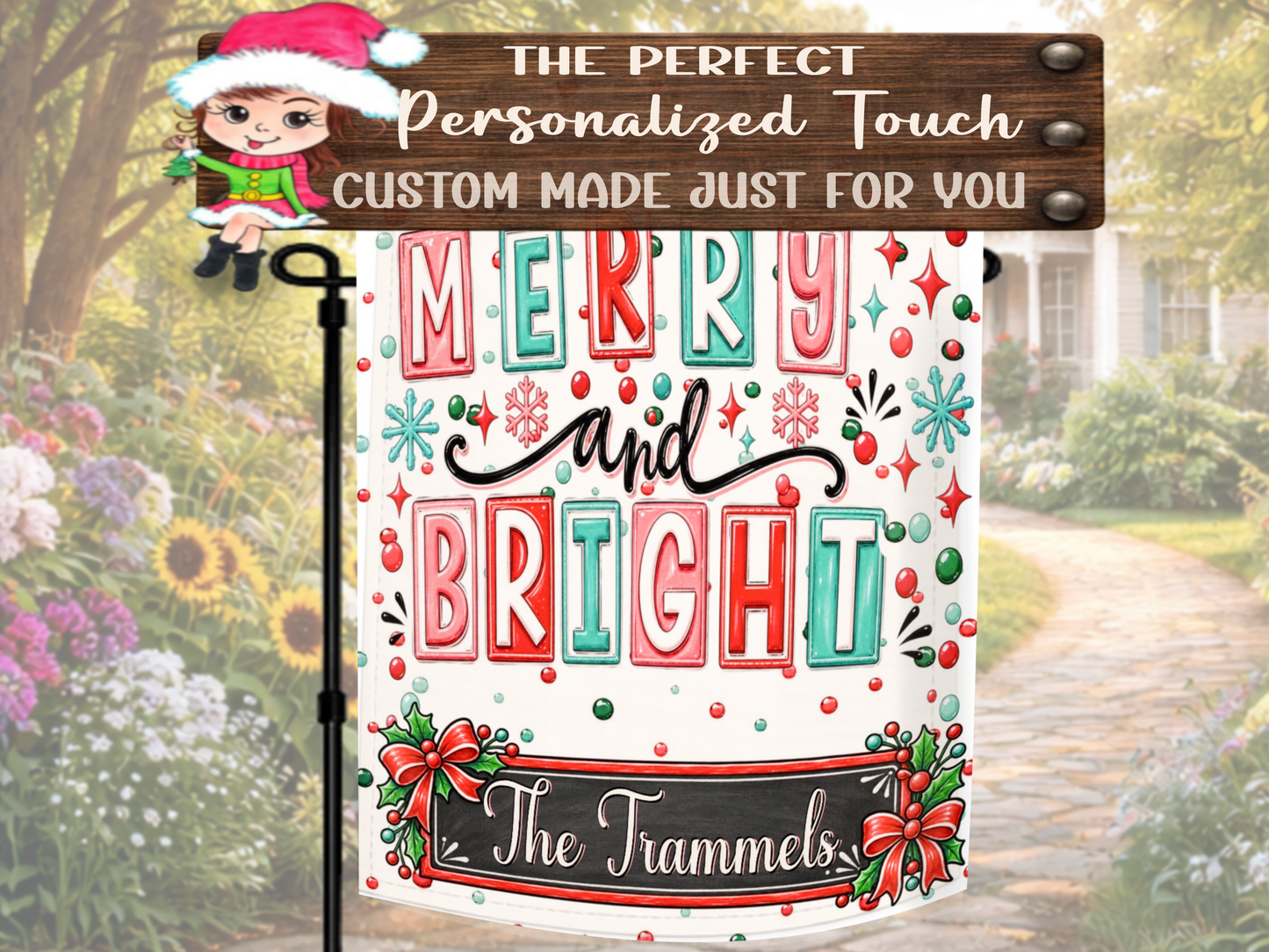 Bright Christmas garden flag with colorful typography and festive winter accents for porches, patios, walkways, gardens, and flower beds.