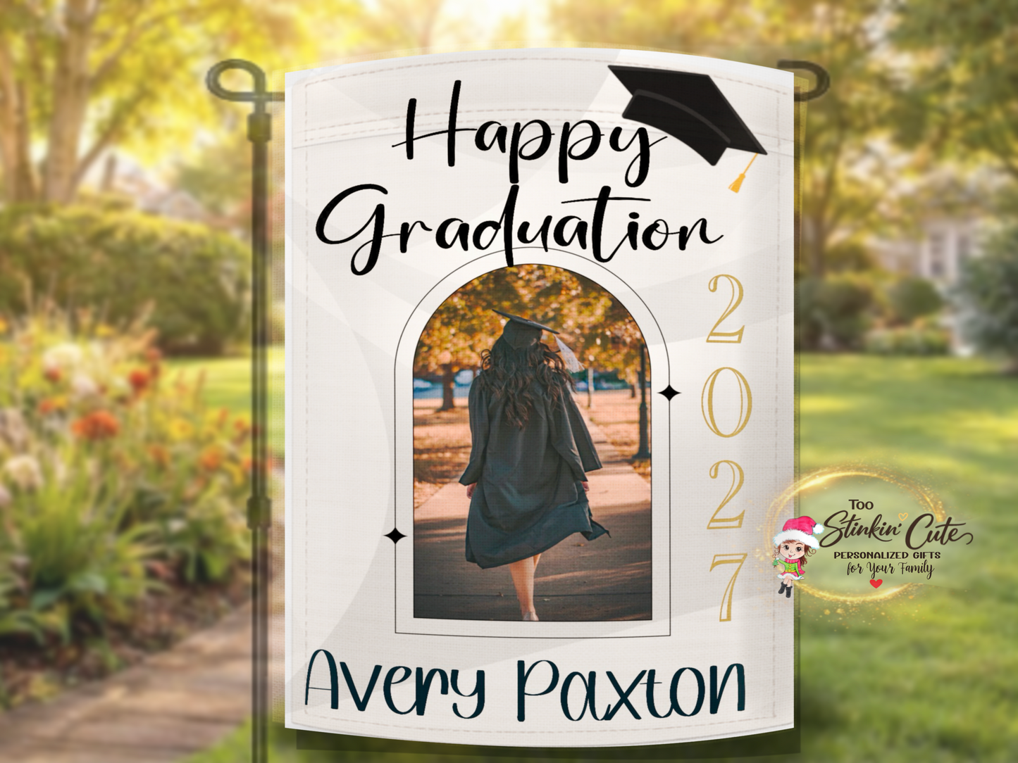 Weather resistant personalized graduation garden flag with photo