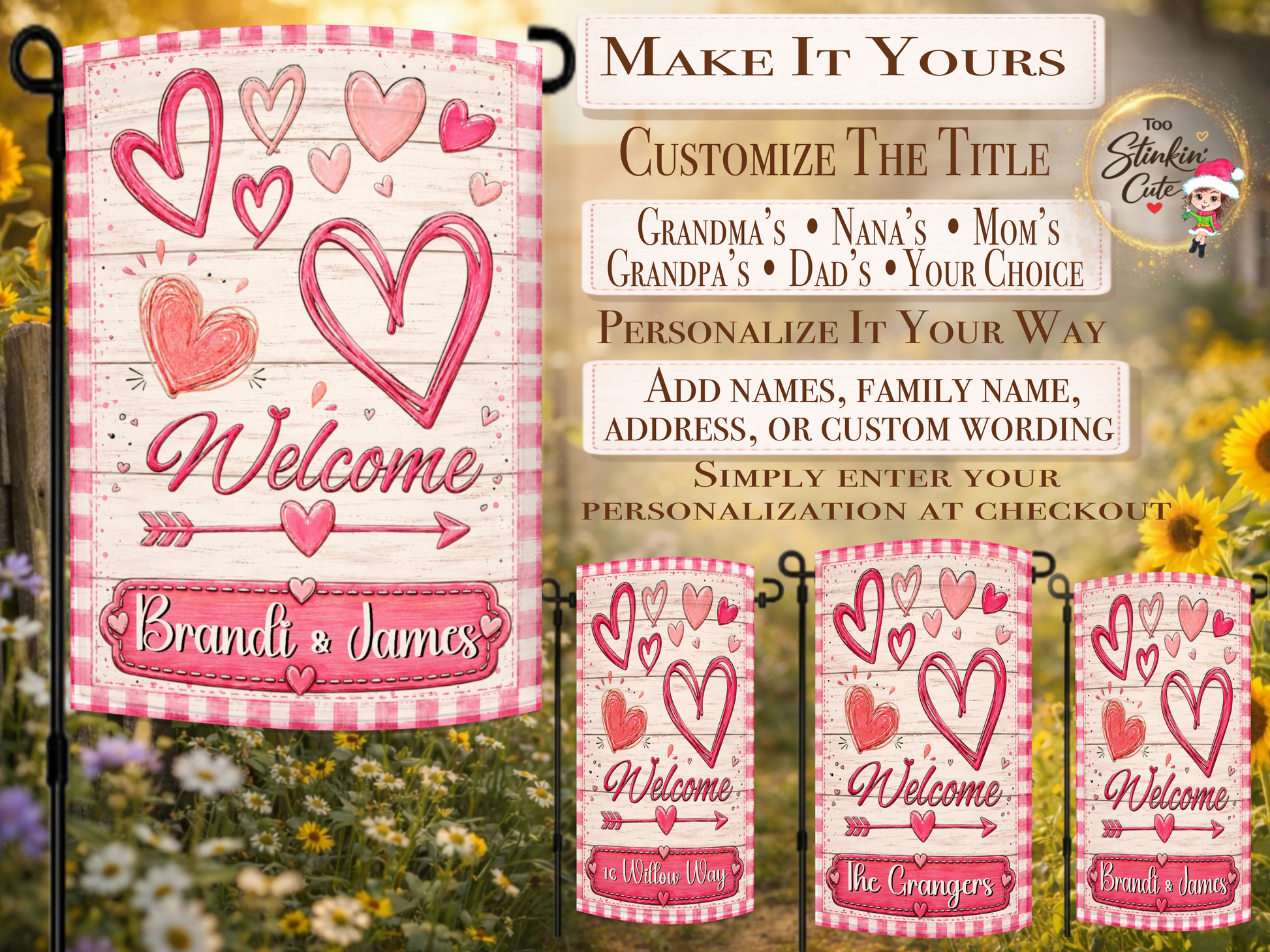 Custom couple names Valentine yard flag with pink and red painted hearts