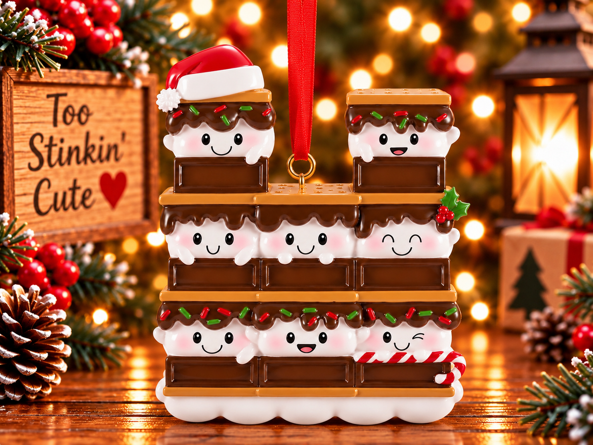Middle row of three marshmallow characters with a holly and red berry accent on the right.