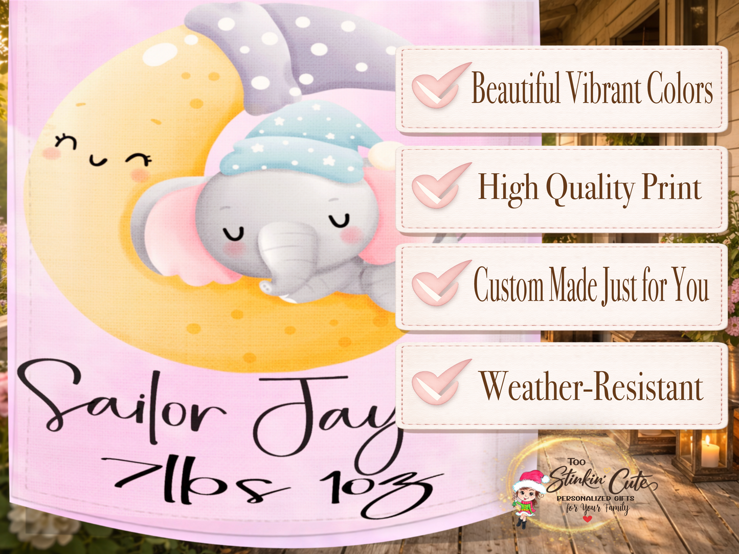 Adorable elephant moon baby girl garden décor for newborn celebrations