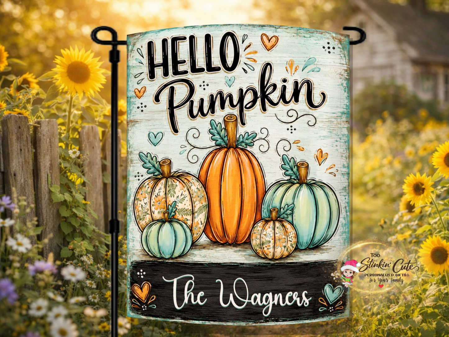 Personalized Hello Pumpkin garden flag featuring orange, turquoise, and floral pumpkins with a custom family name.