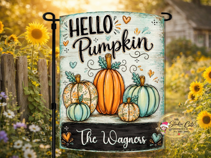 Personalized Hello Pumpkin garden flag featuring orange, turquoise, and floral pumpkins with a custom family name.