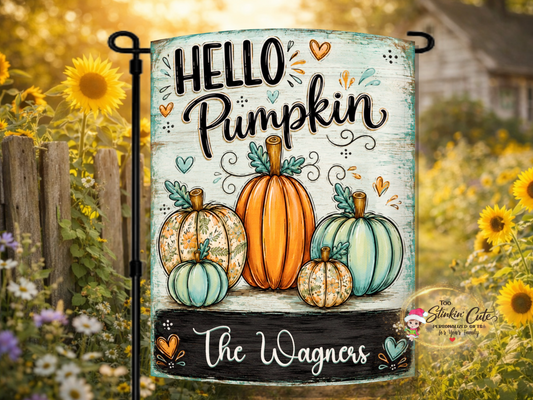Personalized Hello Pumpkin garden flag featuring orange, turquoise, and floral pumpkins with a custom family name.
