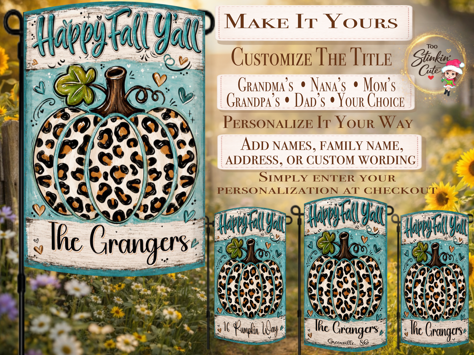 Custom family name fall garden flag with a large animal-print pumpkin and rustic whitewashed background.