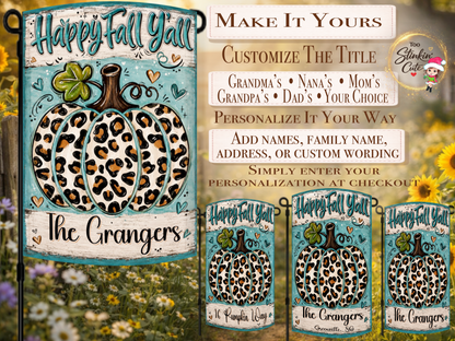 Custom family name fall garden flag with a large animal-print pumpkin and rustic whitewashed background.