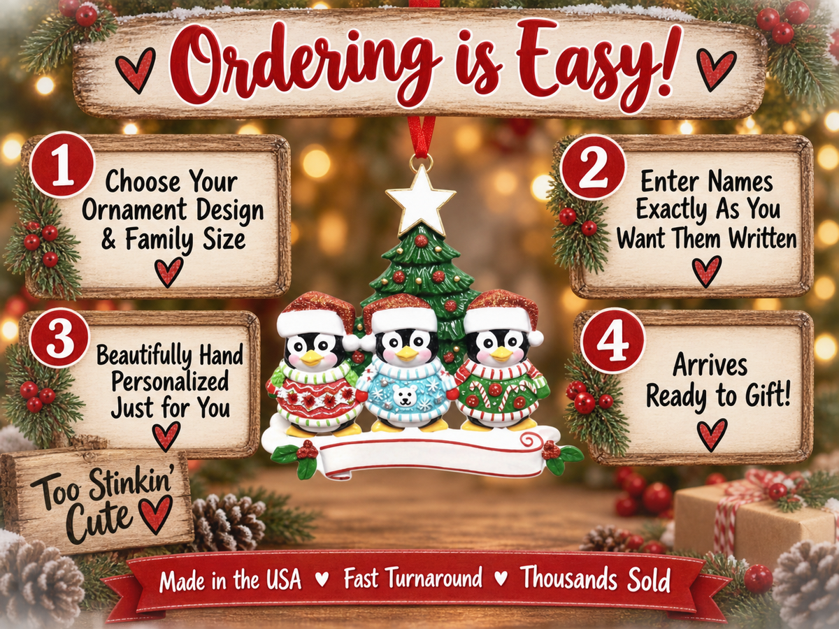 Hand-personalized penguin family ornament with names, family banner, and year.