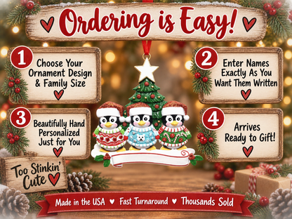 Hand-personalized penguin family ornament with names, family banner, and year.