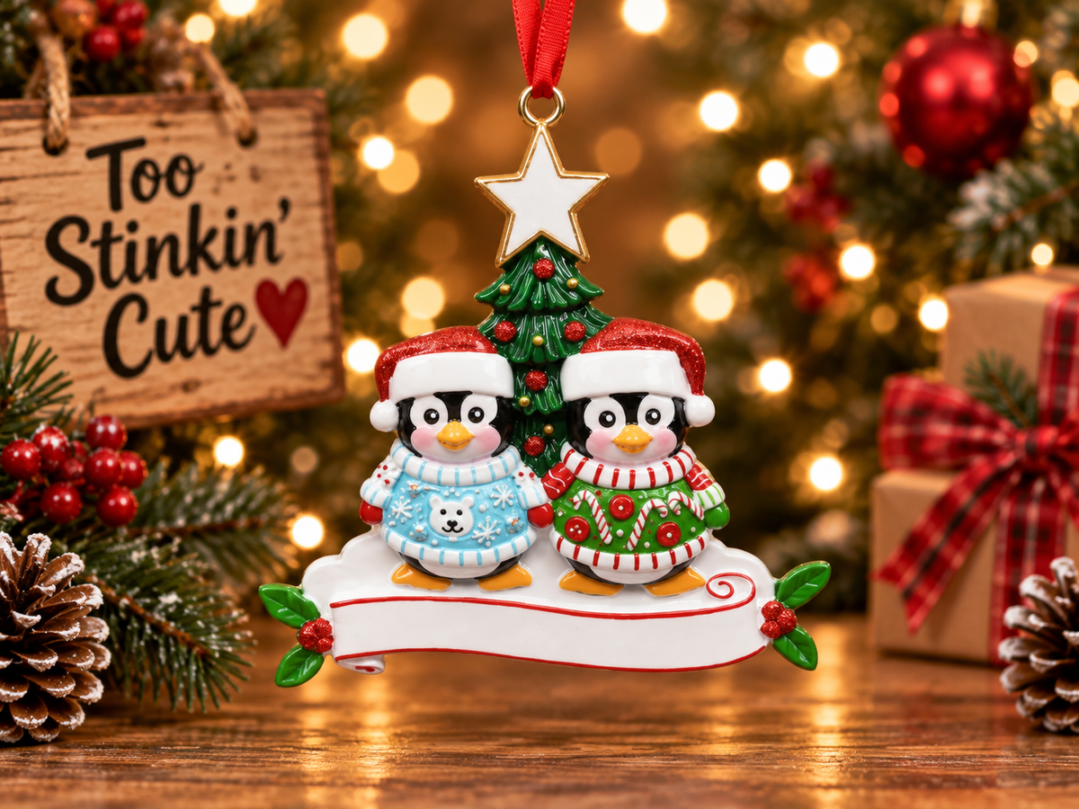 Custom resin penguin ornament created as a meaningful Christmas gift for two people.