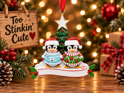 Custom resin penguin ornament created as a meaningful Christmas gift for two people.