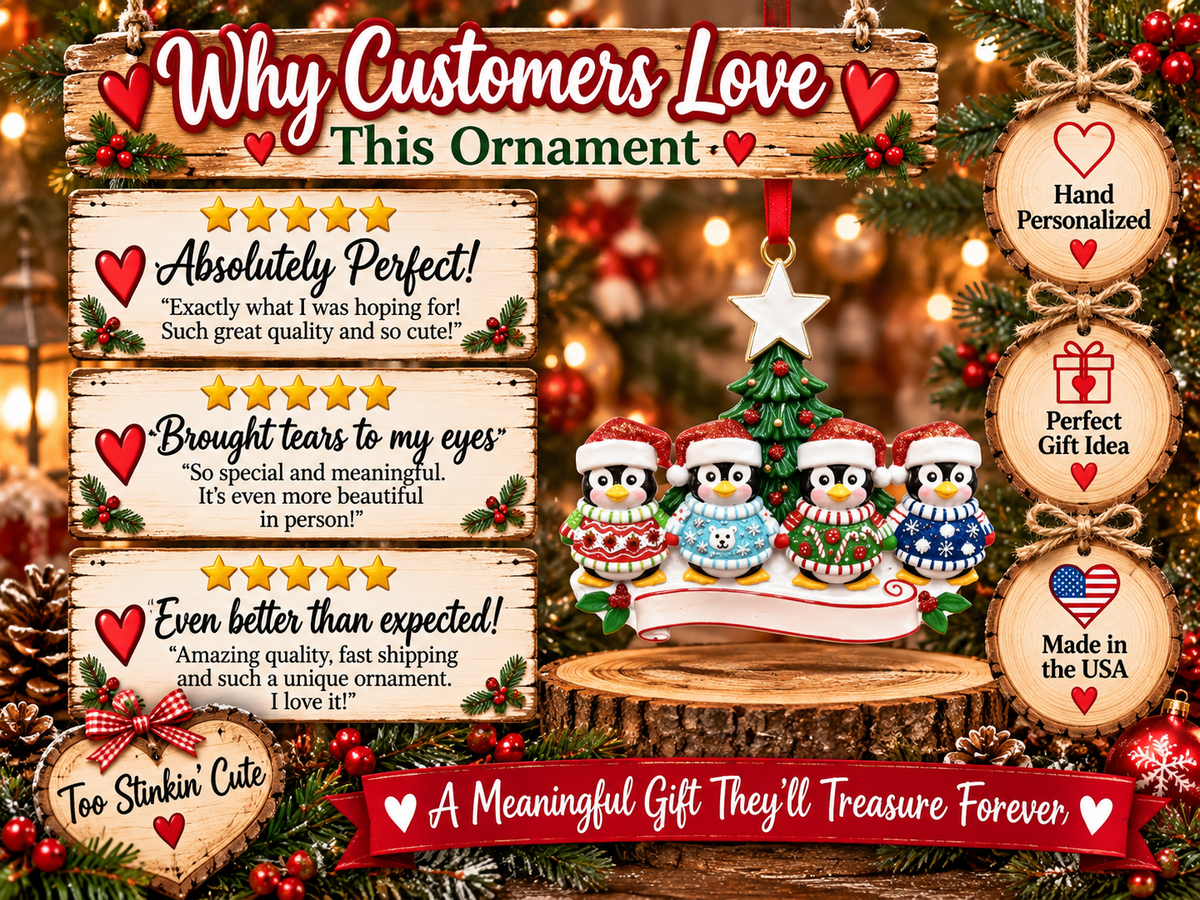 Family of four Christmas keepsake ornament with a star, banner, and solid-red ribbon.