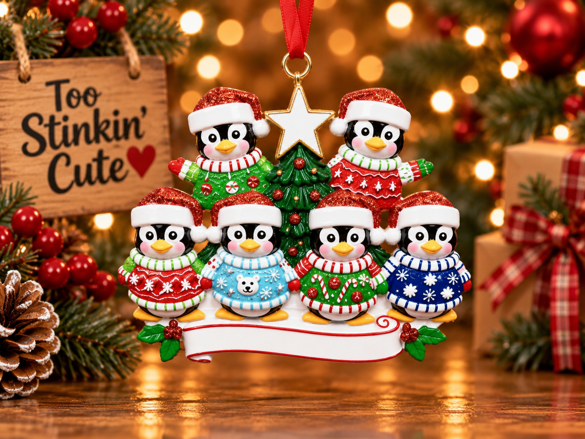 Personalized resin family ornament created as a meaningful Christmas gift for six people.