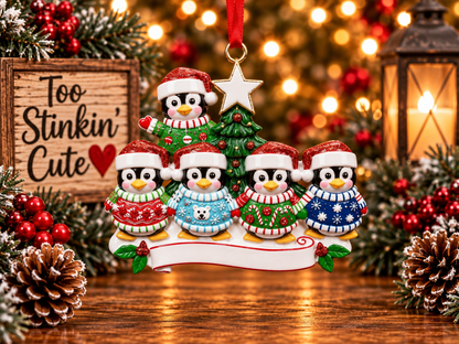 Personalized family of five penguin Christmas ornament featuring five custom names.
