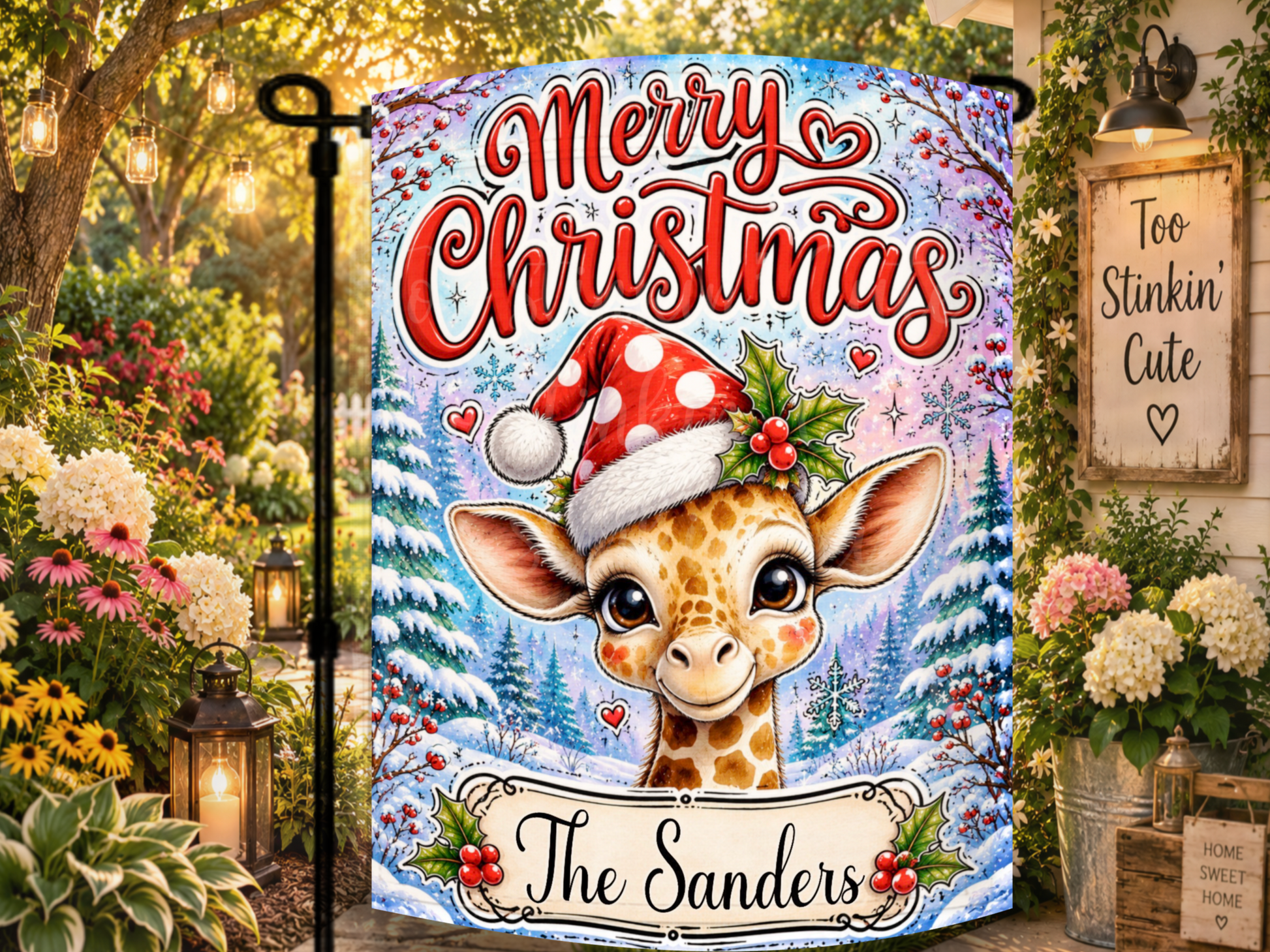 Personalized giraffe holiday flag for porches, patios, gardens, walkways, classrooms, housewarming gifts, and Christmas decorating.