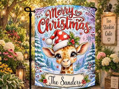 Personalized giraffe holiday flag for porches, patios, gardens, walkways, classrooms, housewarming gifts, and Christmas decorating.