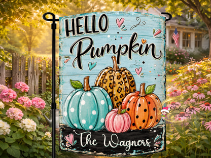 Personalized Hello Pumpkin garden flag with colorful pumpkins and a custom family name.