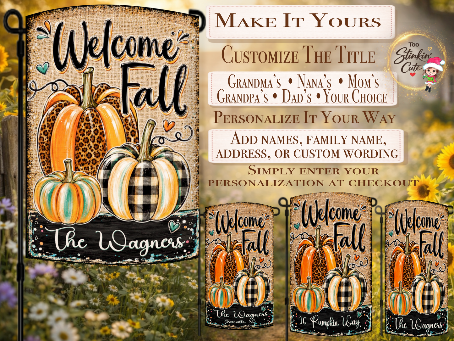 Custom family name fall flag featuring orange, turquoise, leopard, and black-and-white plaid pumpkins.