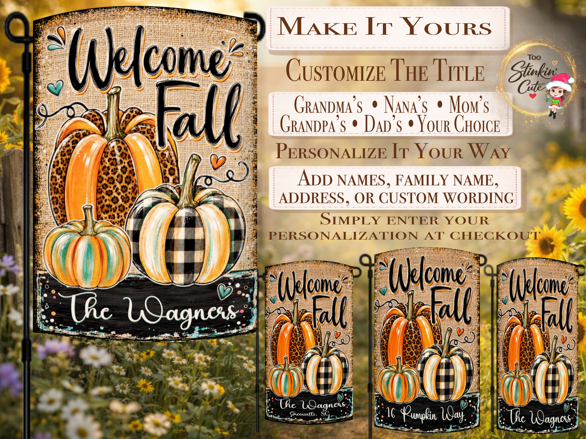 Custom family name fall flag featuring orange, turquoise, leopard, and black-and-white plaid pumpkins.