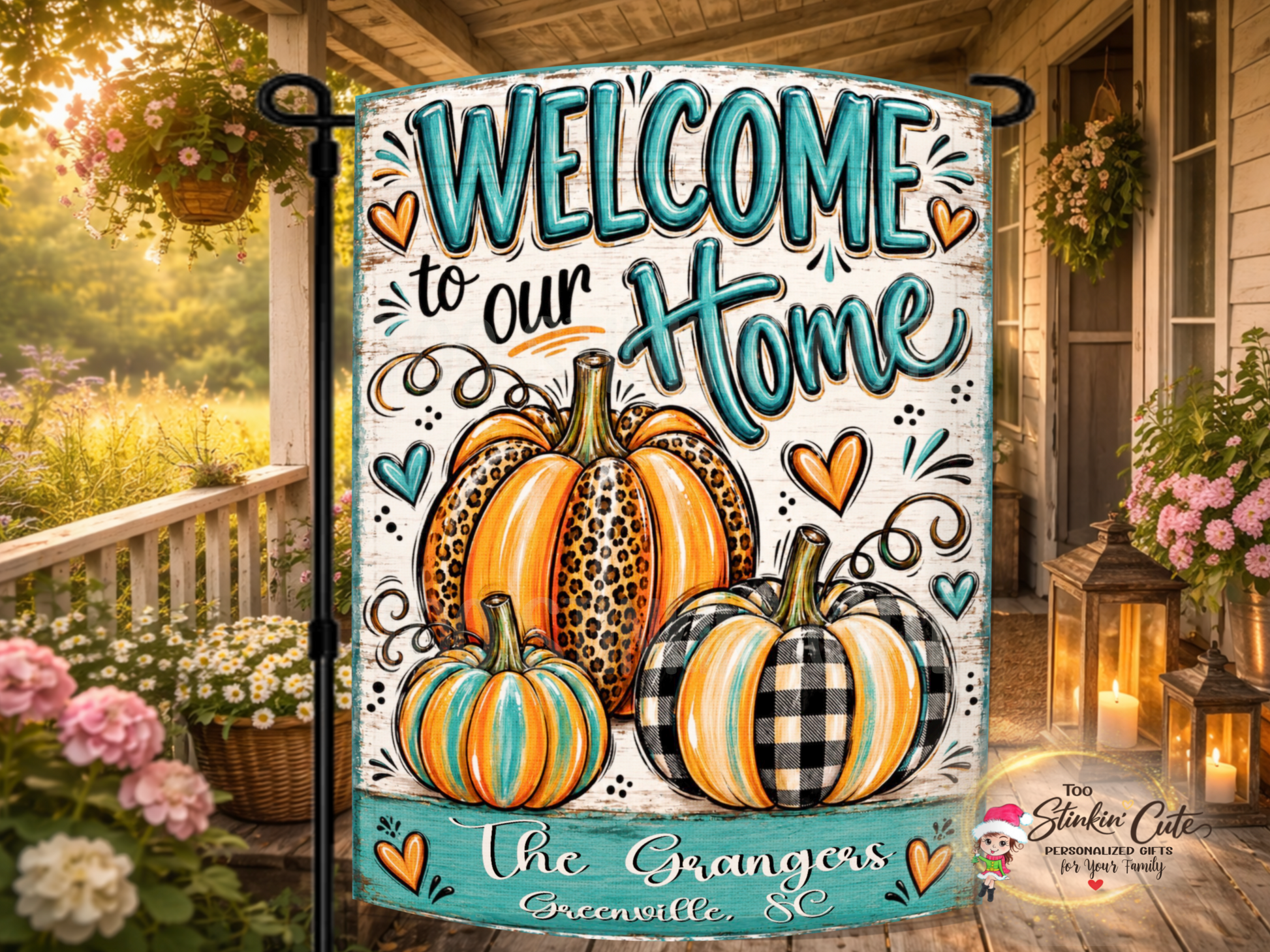 Personalized Welcome to Our Home garden flag with leopard and buffalo-plaid pumpkins, family name, city, and state.