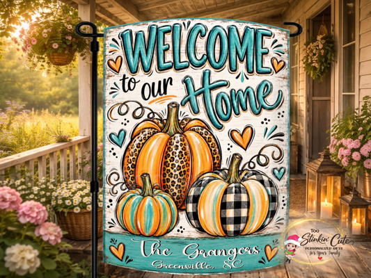 Personalized Welcome to Our Home garden flag with leopard and buffalo-plaid pumpkins, family name, city, and state.