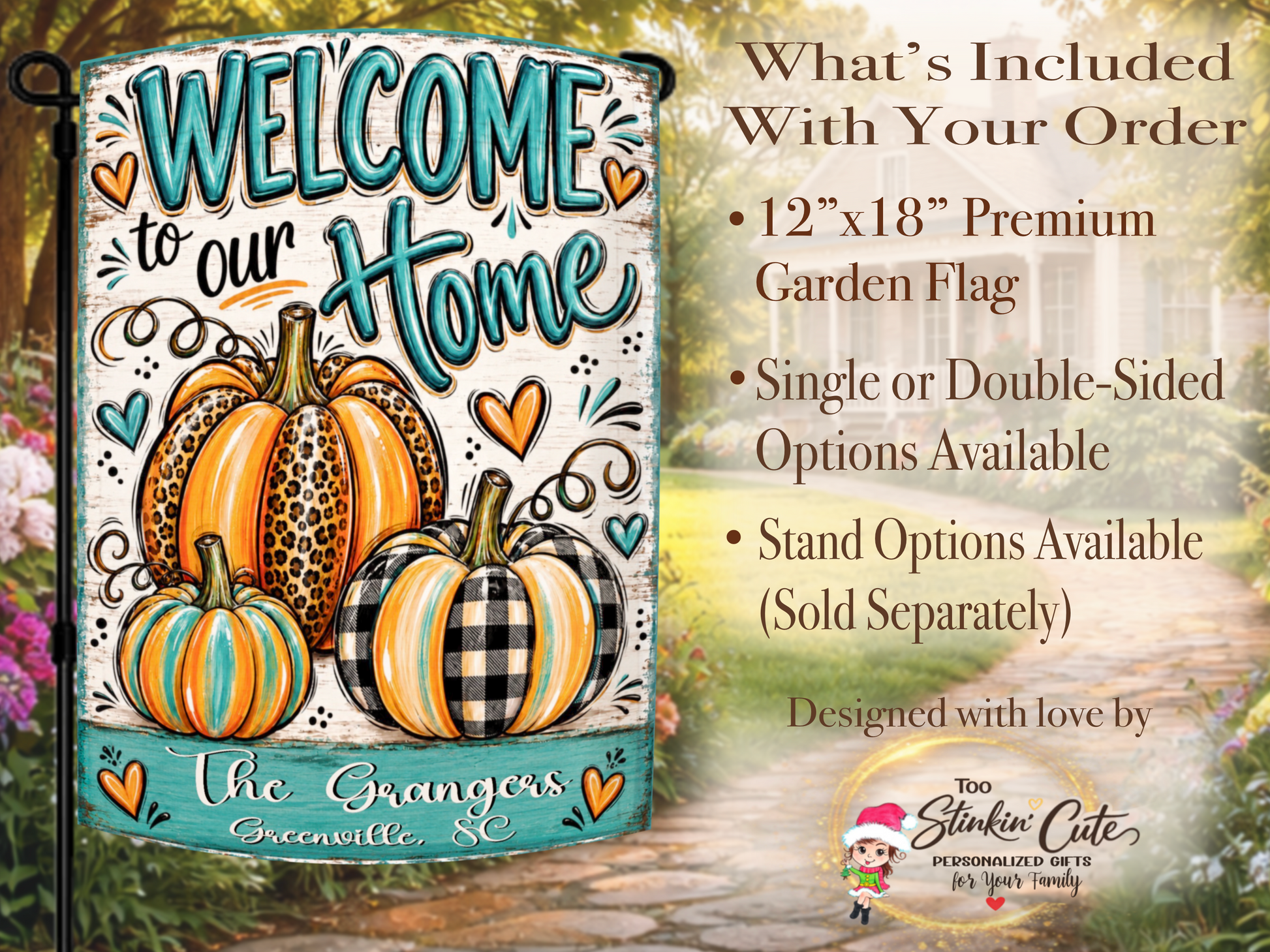 Custom housewarming garden flag personalized with the homeowners’ family name, city, and state.