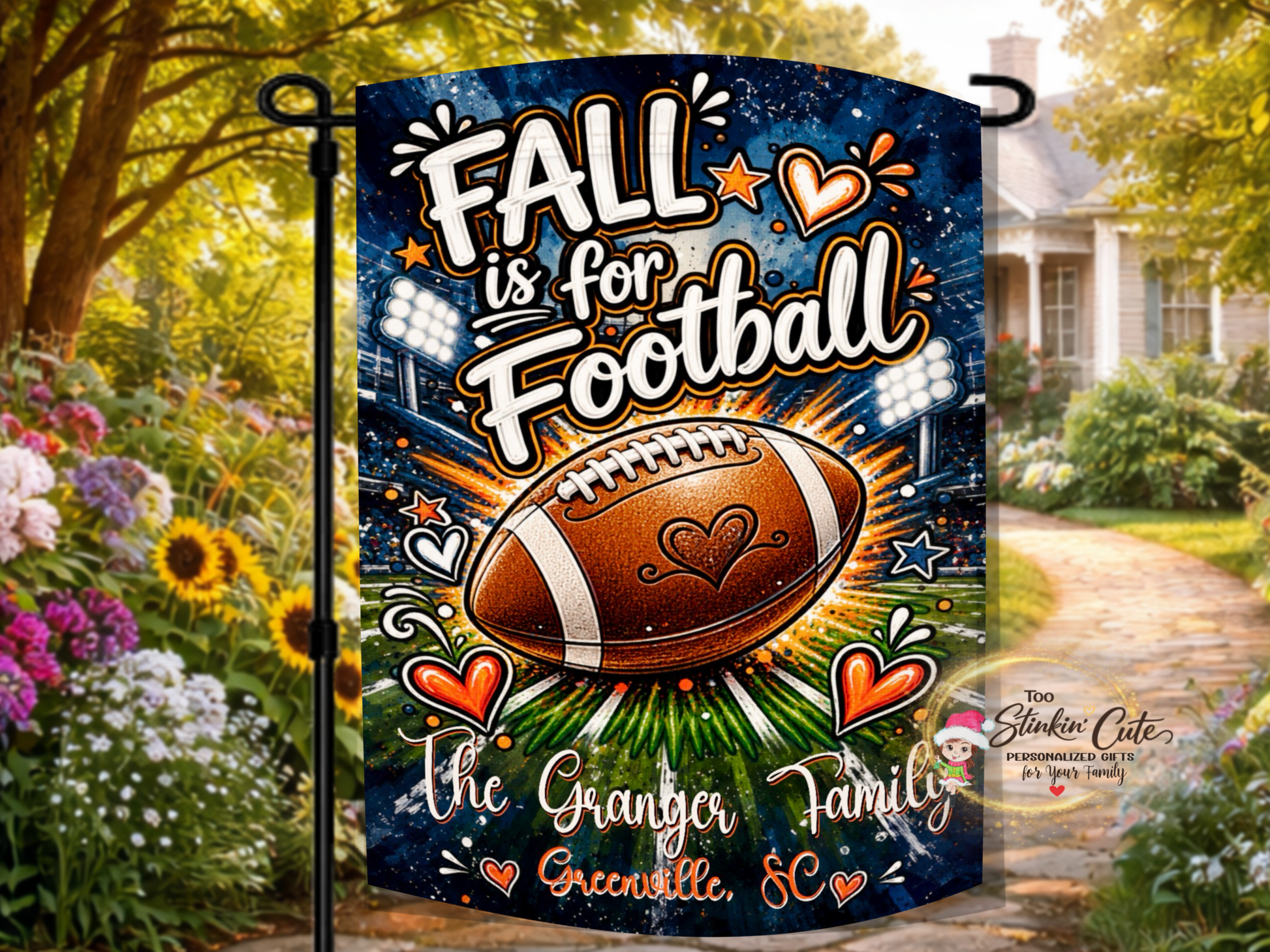 Fall Is for Football yard flag featuring custom family and city lettering