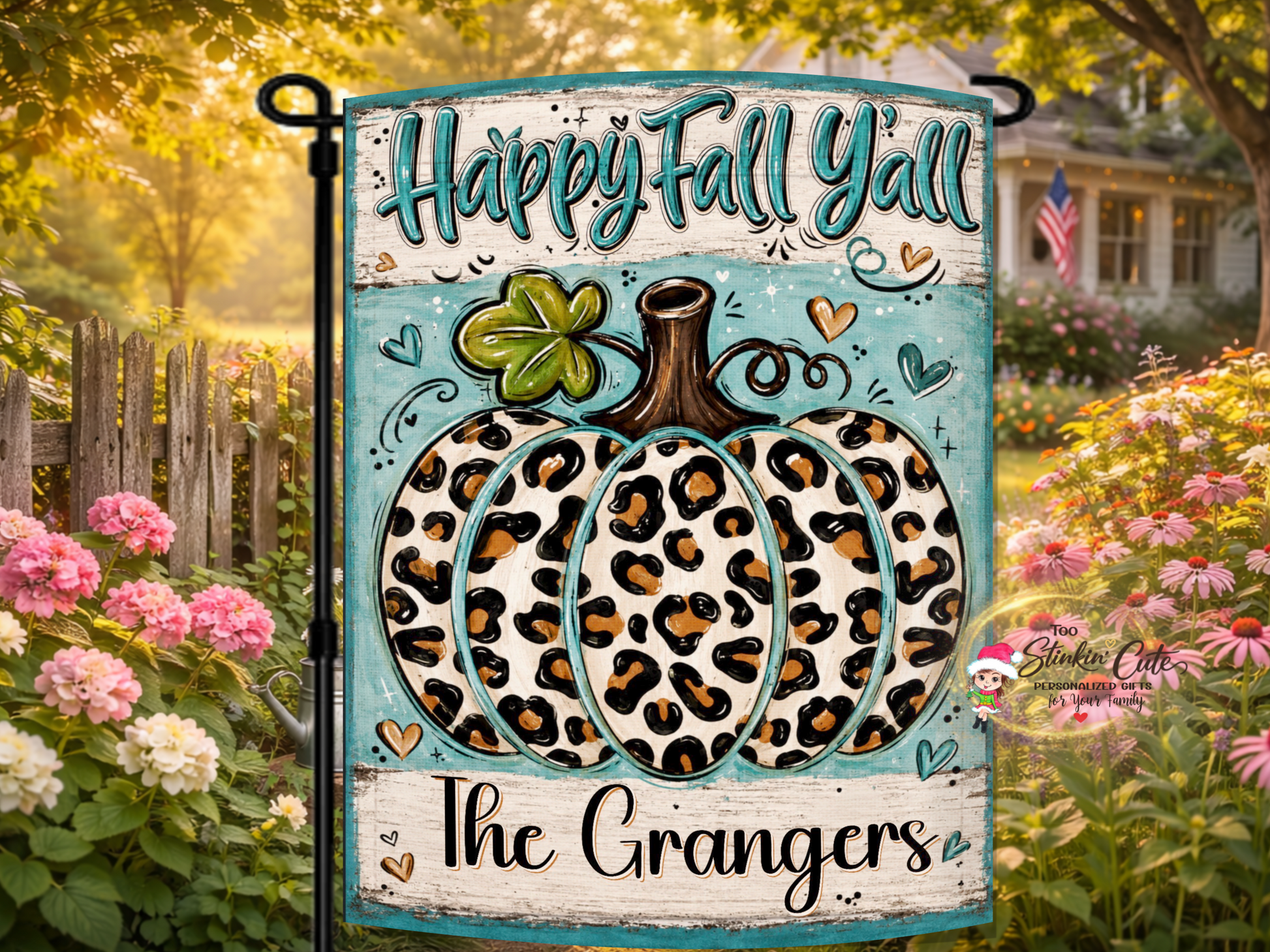 Personalized Happy Fall Y’all garden flag featuring a leopard-print pumpkin, turquoise accents, and custom family name.